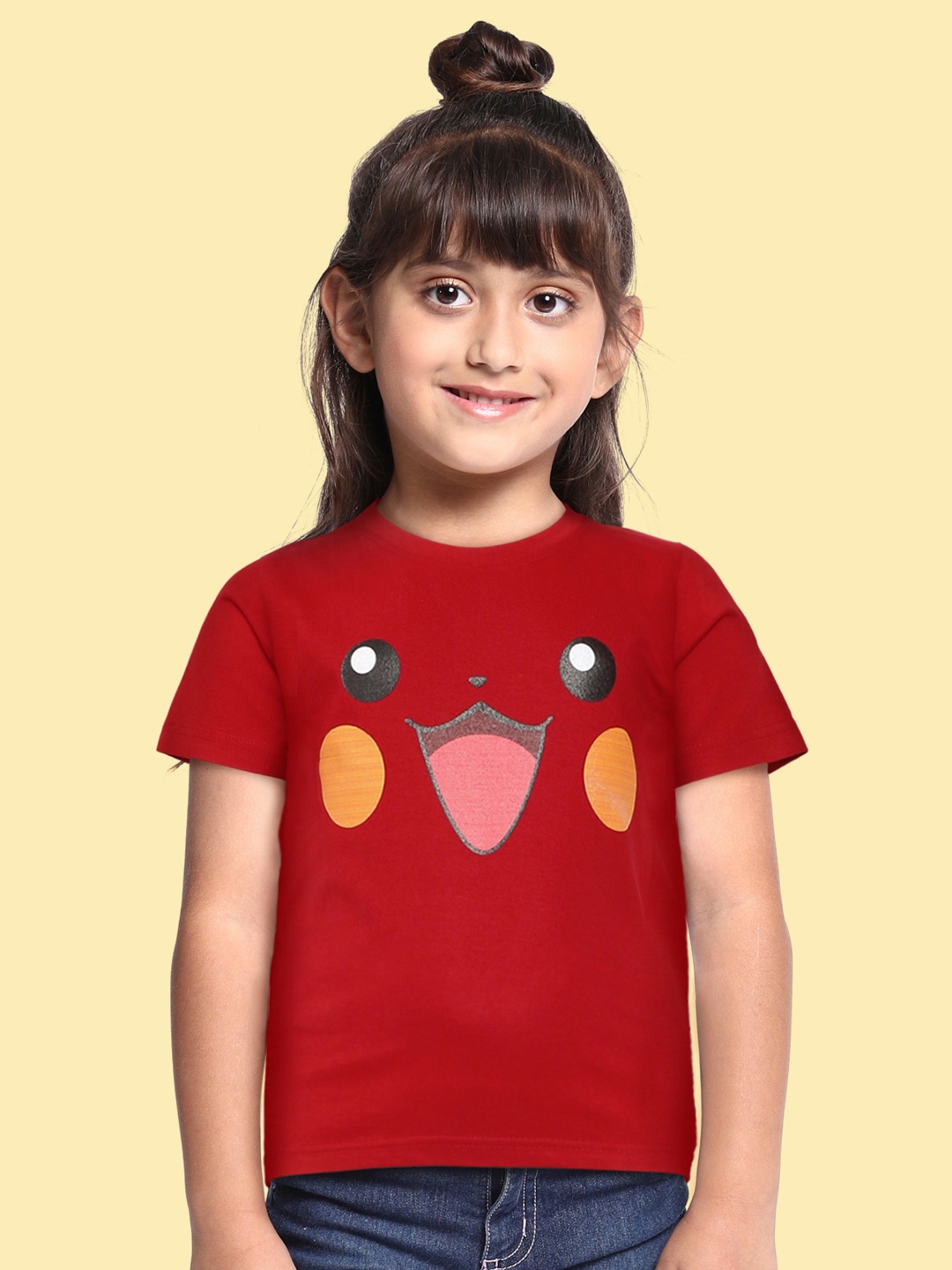 

BRATMA Kids Red & Mustard Yellow Pikachu Pokemon Print Cotton T-shirt