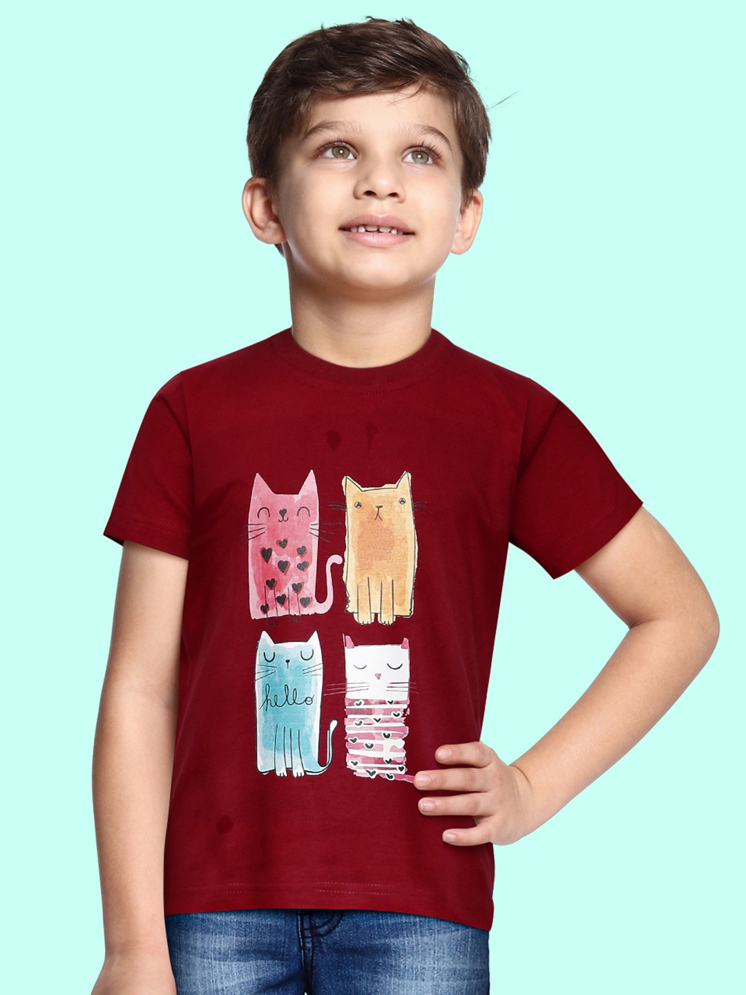 

BRATMA Kids Maroon & Blue Printed Cotton T-shirt