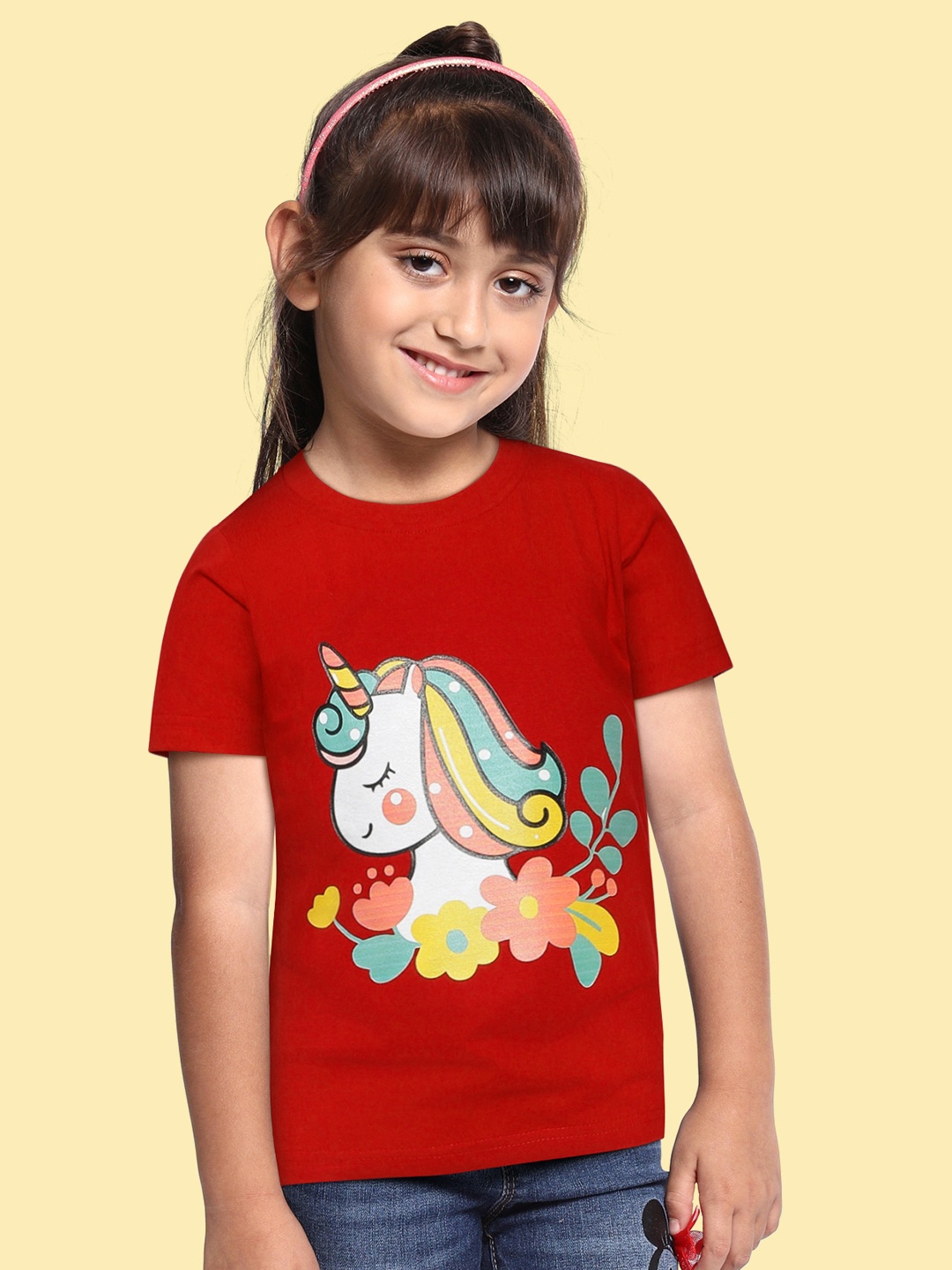 

BRATMA Kids Red & White Unicorn Printed Cotton T-shirt