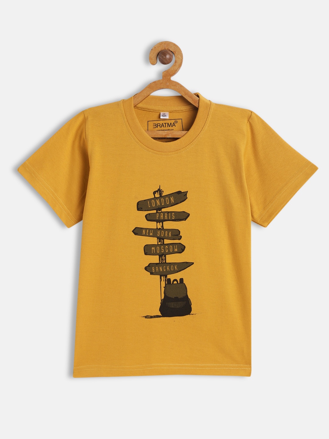 

BRATMA Kids Mustard Yellow & Black Printed Cotton T-shirt