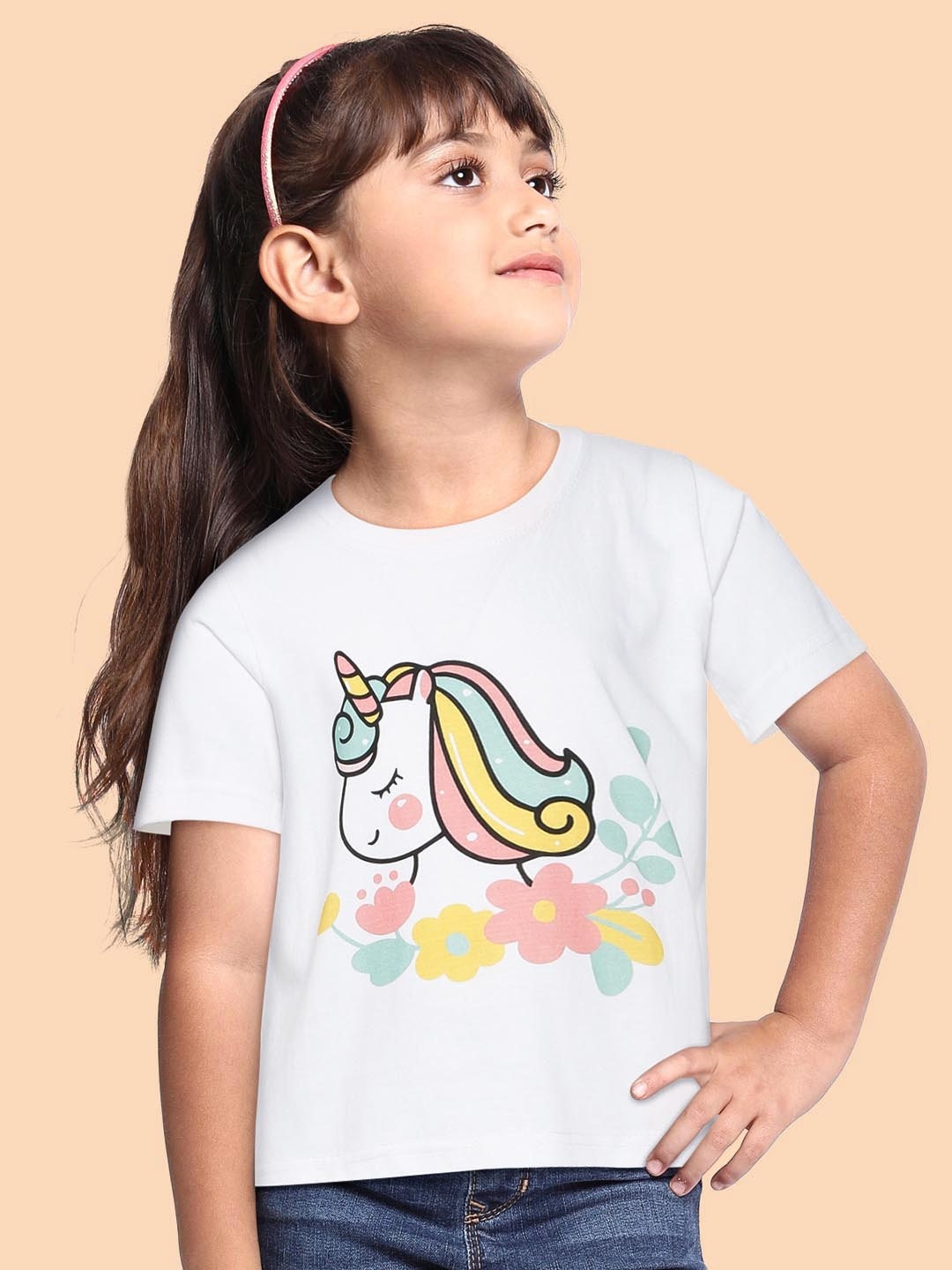 BRATMA Kids White & Yellow Unicorn Printed Cotton T-shirt