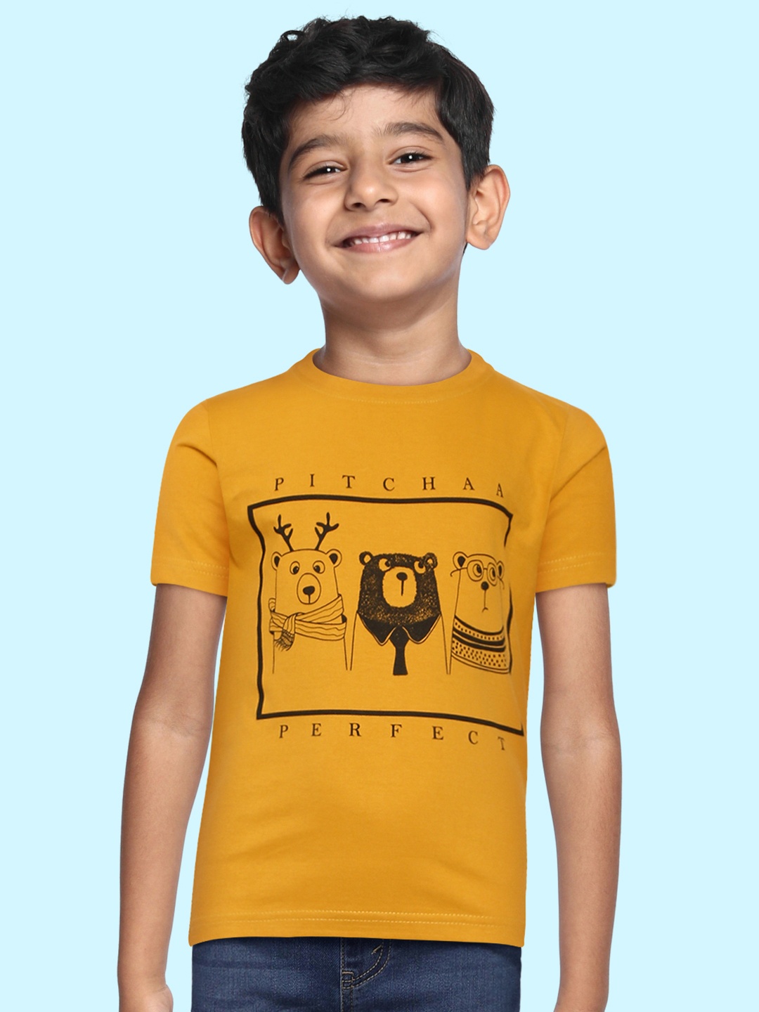 

BRATMA Kids Mustard Yellow & Black Printed Cotton T-shirt