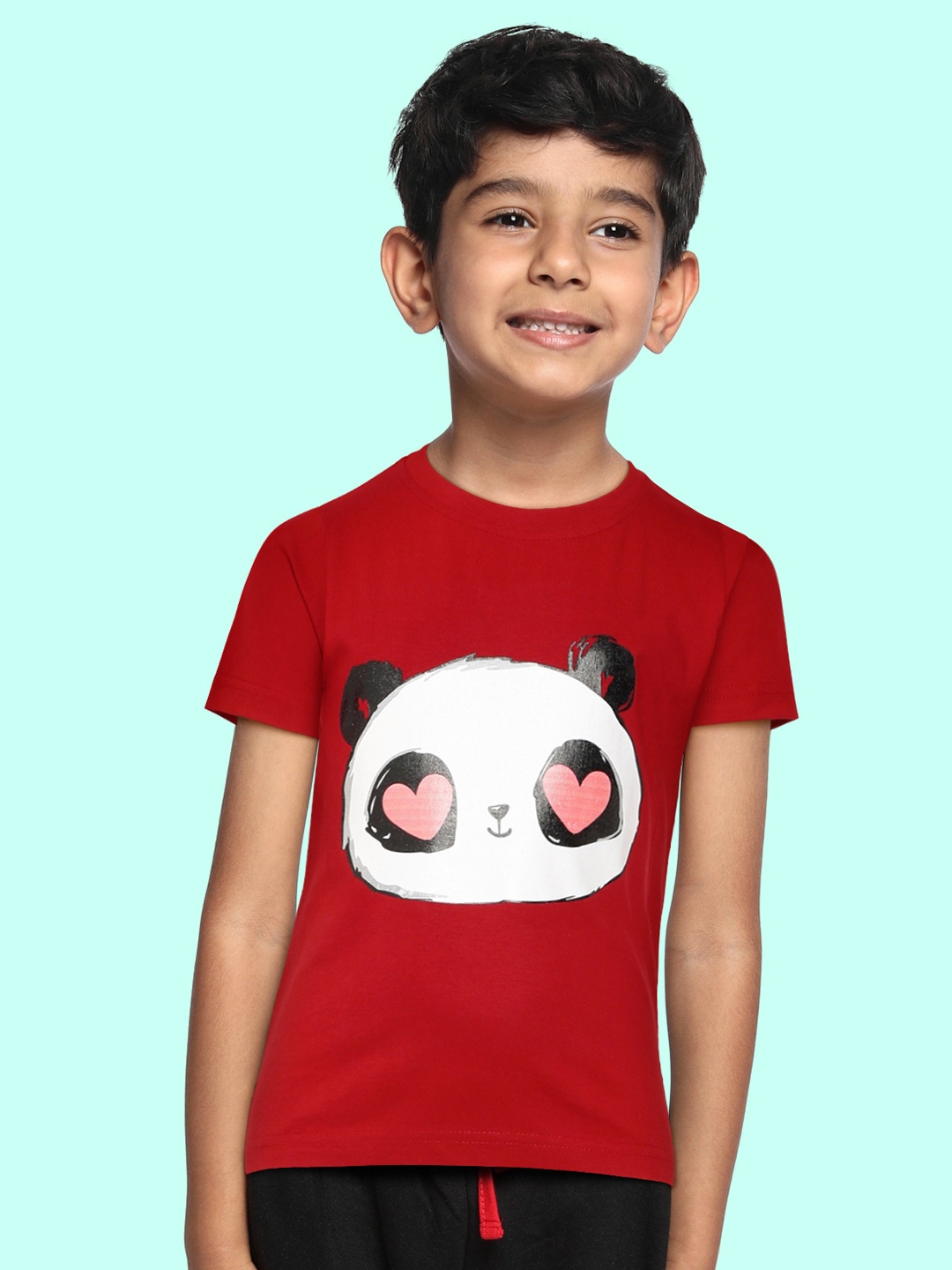 

BRATMA Kids Red & White Panda Printed Cotton T-shirt