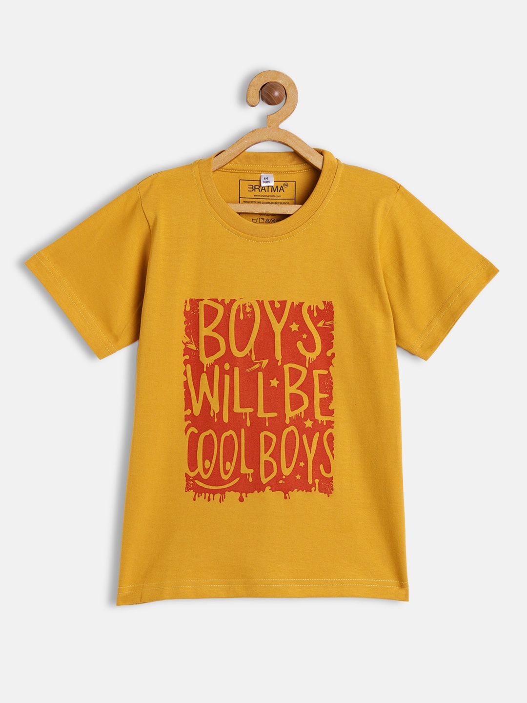 

BRATMA Kids Mustard Yellow & Red Typography Printed Cotton T-shirt