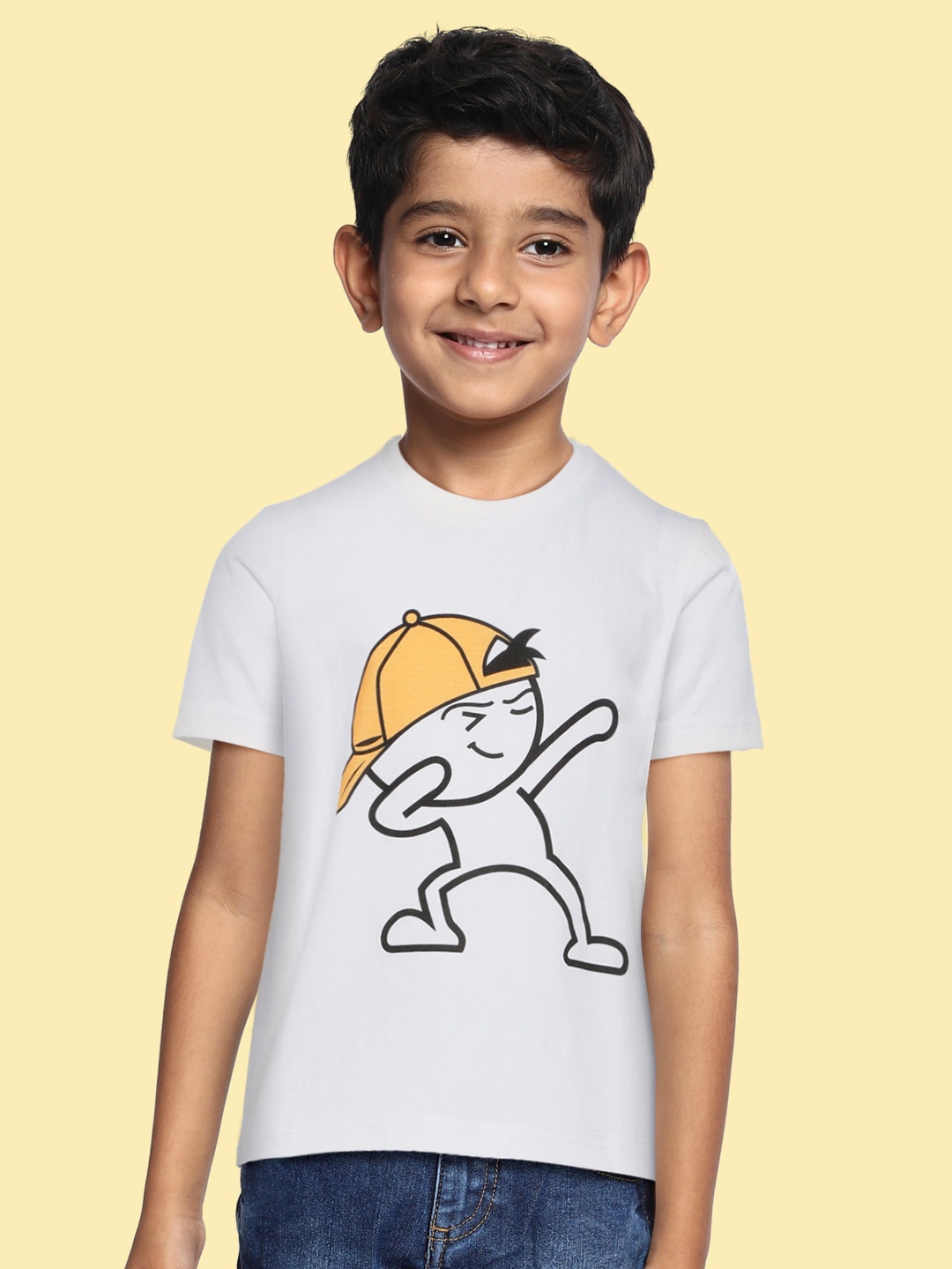 

BRATMA Kids White & Mustard Yellow Printed Cotton T-shirt