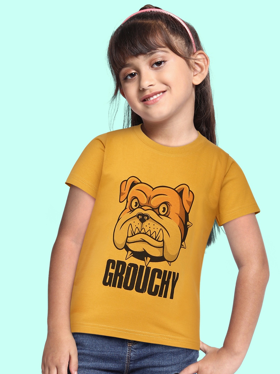 

BRATMA Kids Mustard Yellow & Black Pure Cotton Printed T-shirt