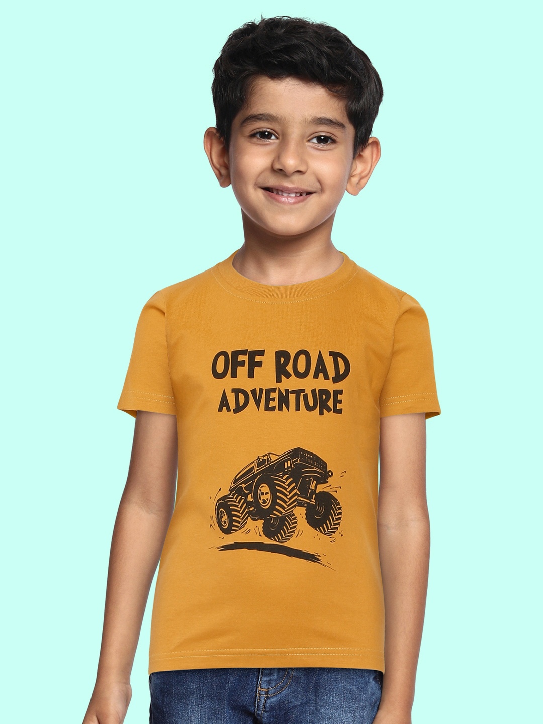 

BRATMA Kids Mustard Yellow & Black Typography Print Cotton T-shirt