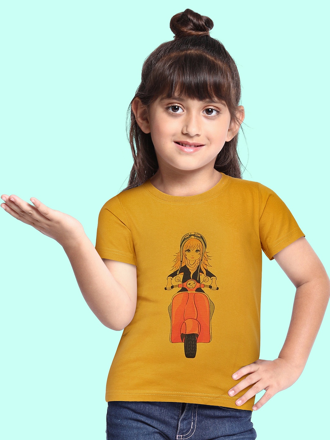 

BRATMA Kids Mustard Yellow & Black Printed Cotton T-shirt