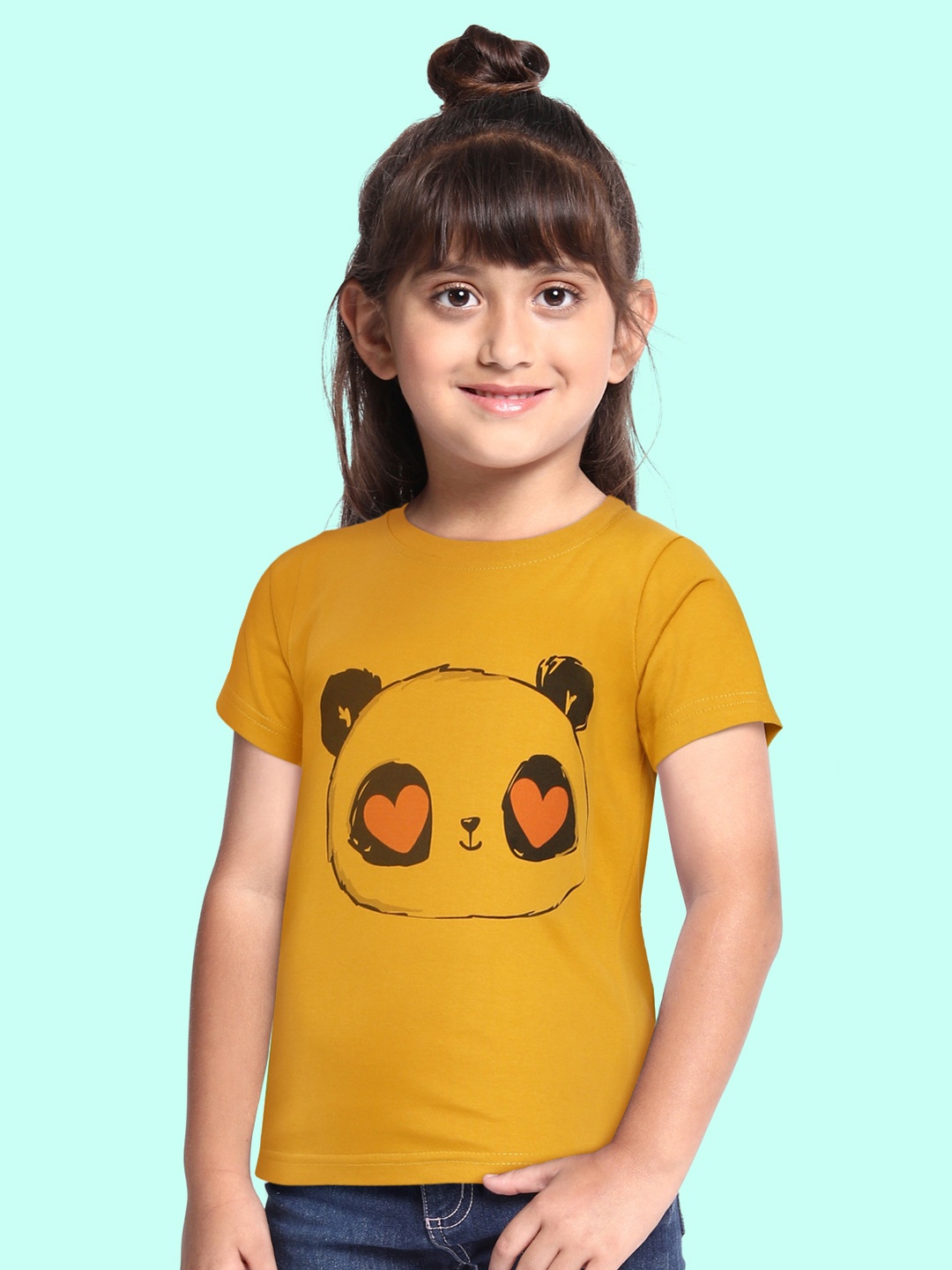 

BRATMA Kids Mustard Yellow & Black Pure Cotton Printed T-shirt