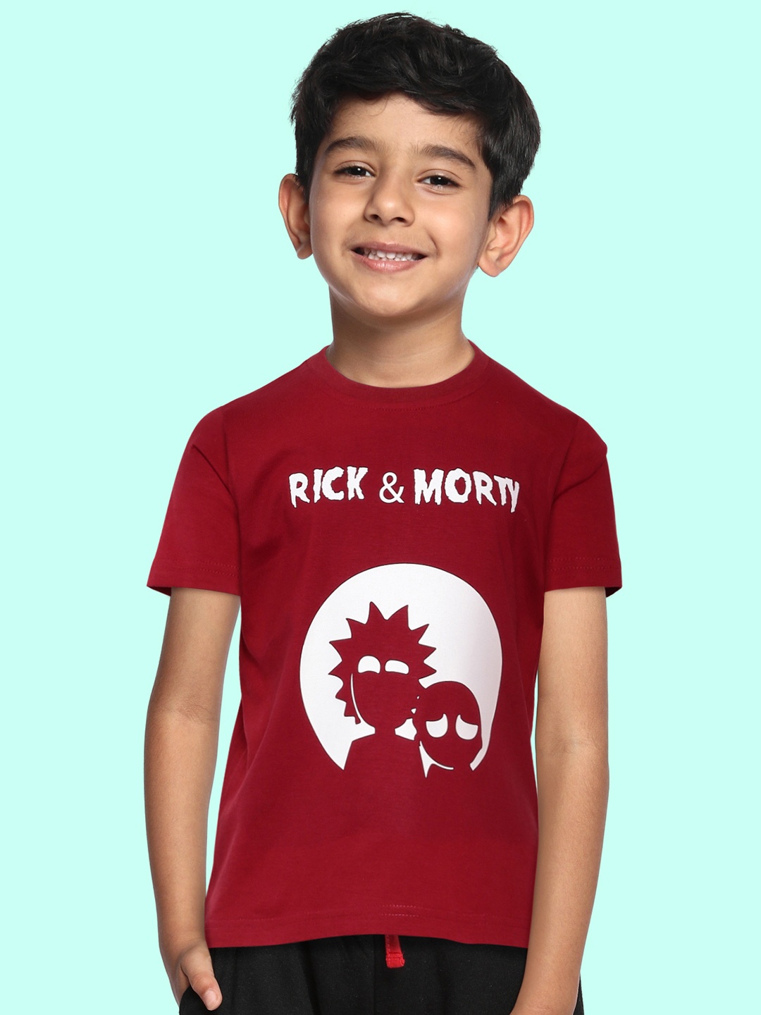 

BRATMA Kids Maroon & White Rick & Morty Printed Cotton T-shirt