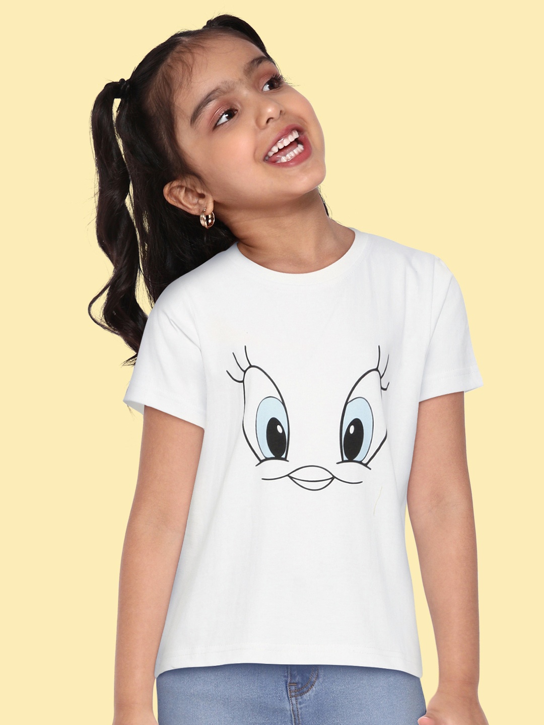 

BRATMA Kids White & Blue Tweety Printed Cotton T-shirt