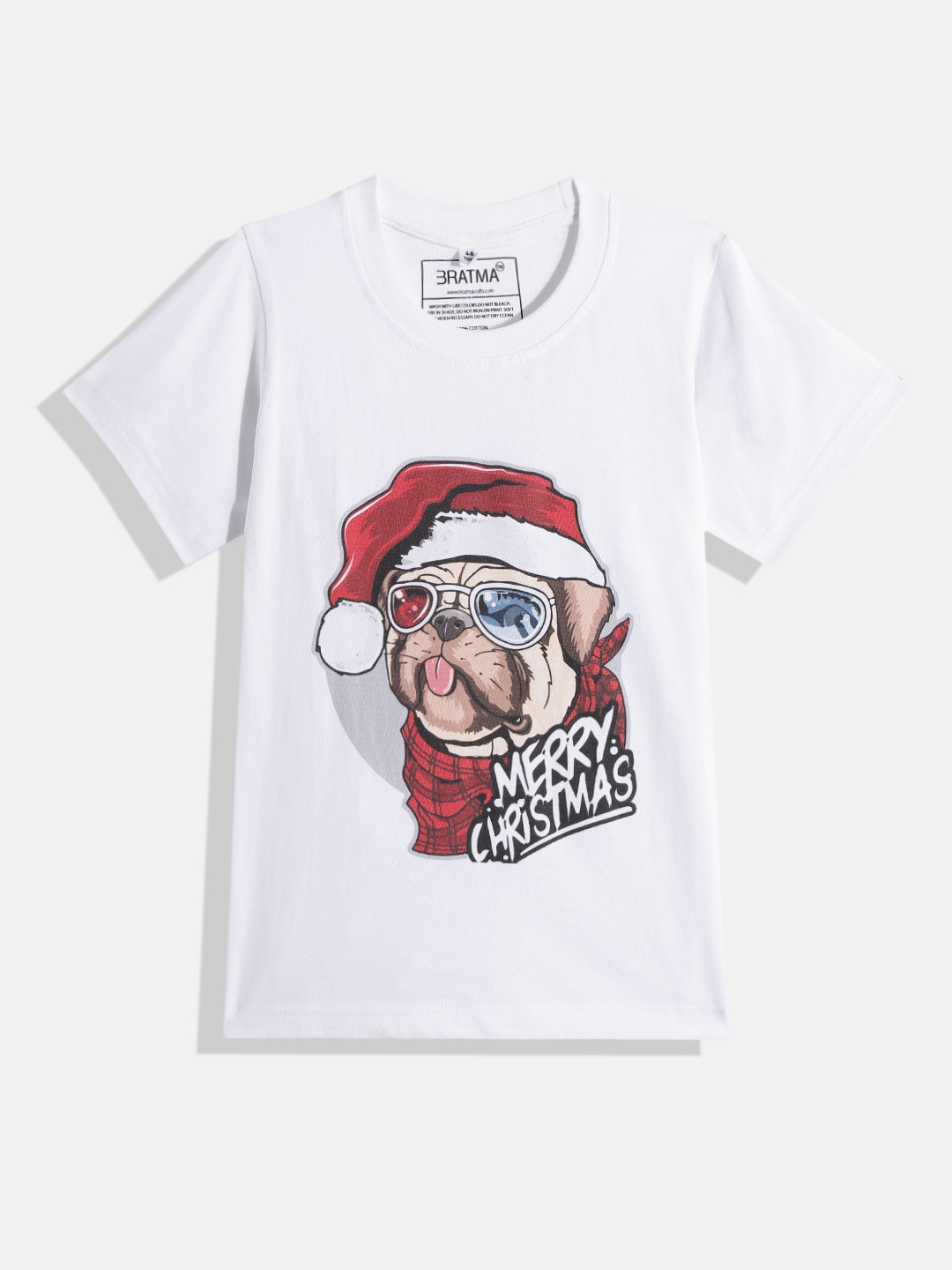 

BRATMA Kids White & Red Pug & Christmas Print Cotton T-shirt