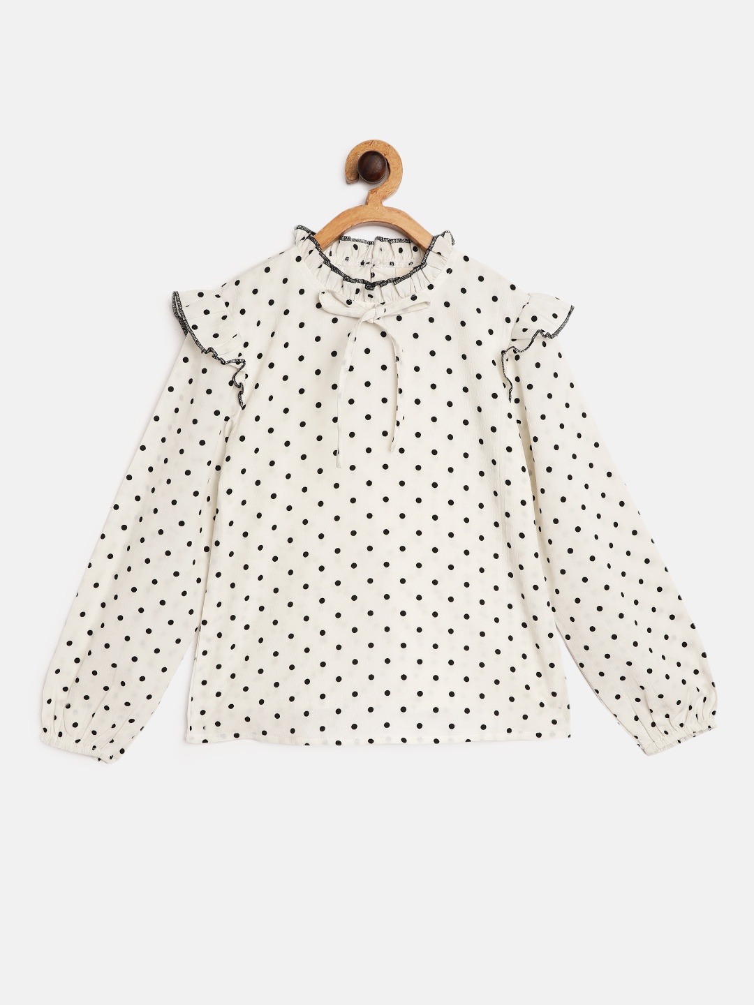 

luyk White & Black Print Ruffles Crepe Top