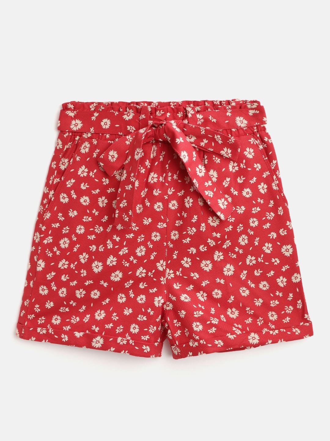 

luyk Girls Red & White Pure Cotton Floral Printed Shorts