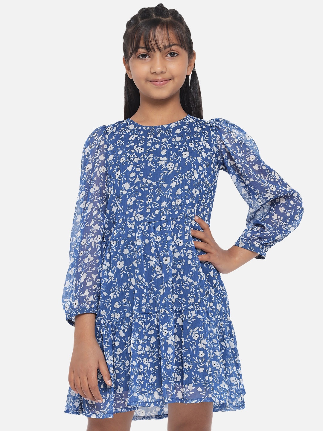 

luyk Blue & White Floral Print Chiffon A-Line Puff Sleeves Dress