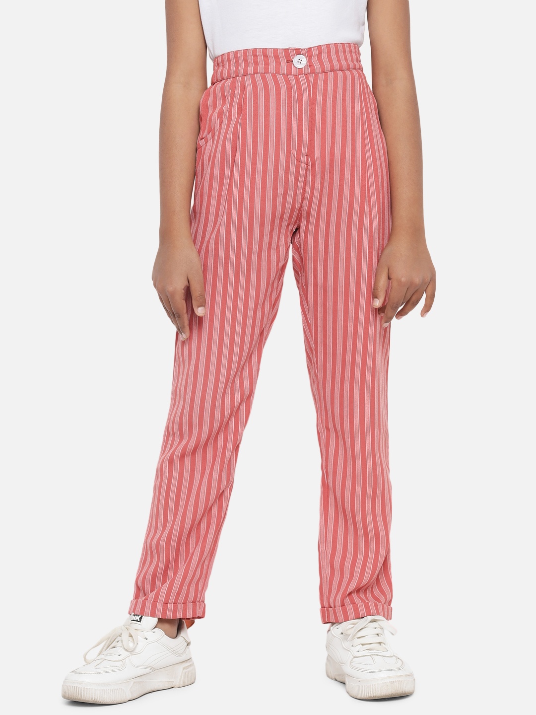 

luyk Girls Rust Striped Relaxed Straight Leg High-Rise Chinos Trousers