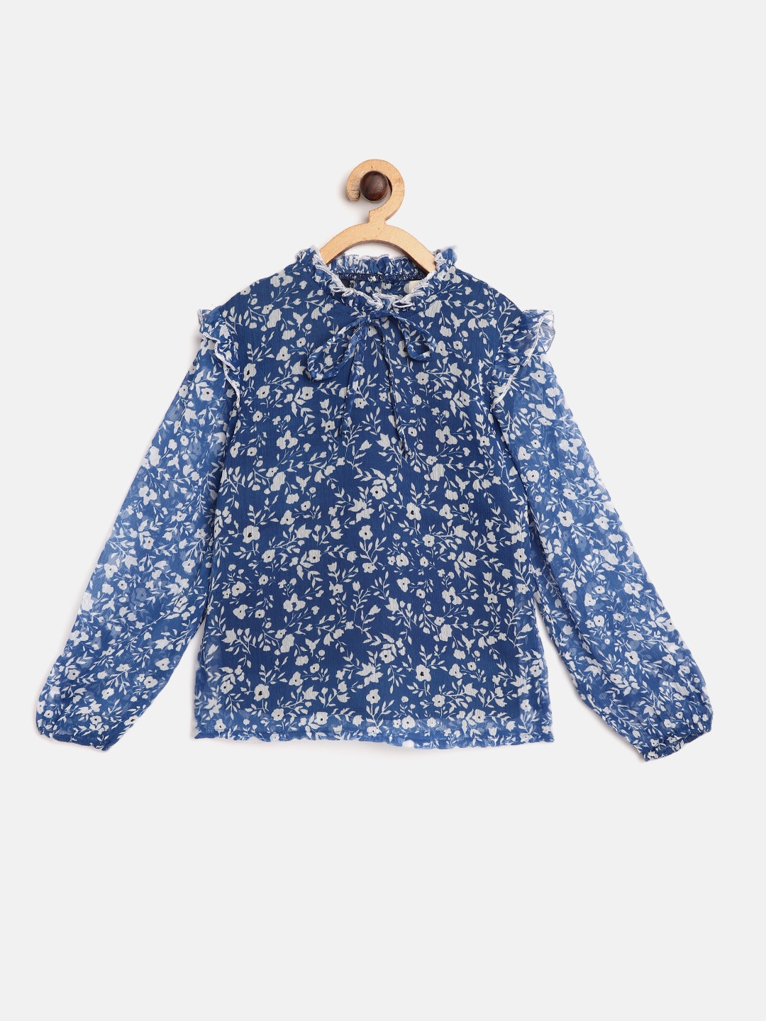 

luyk Blue & White Floral Print Ruffles Chiffon Top