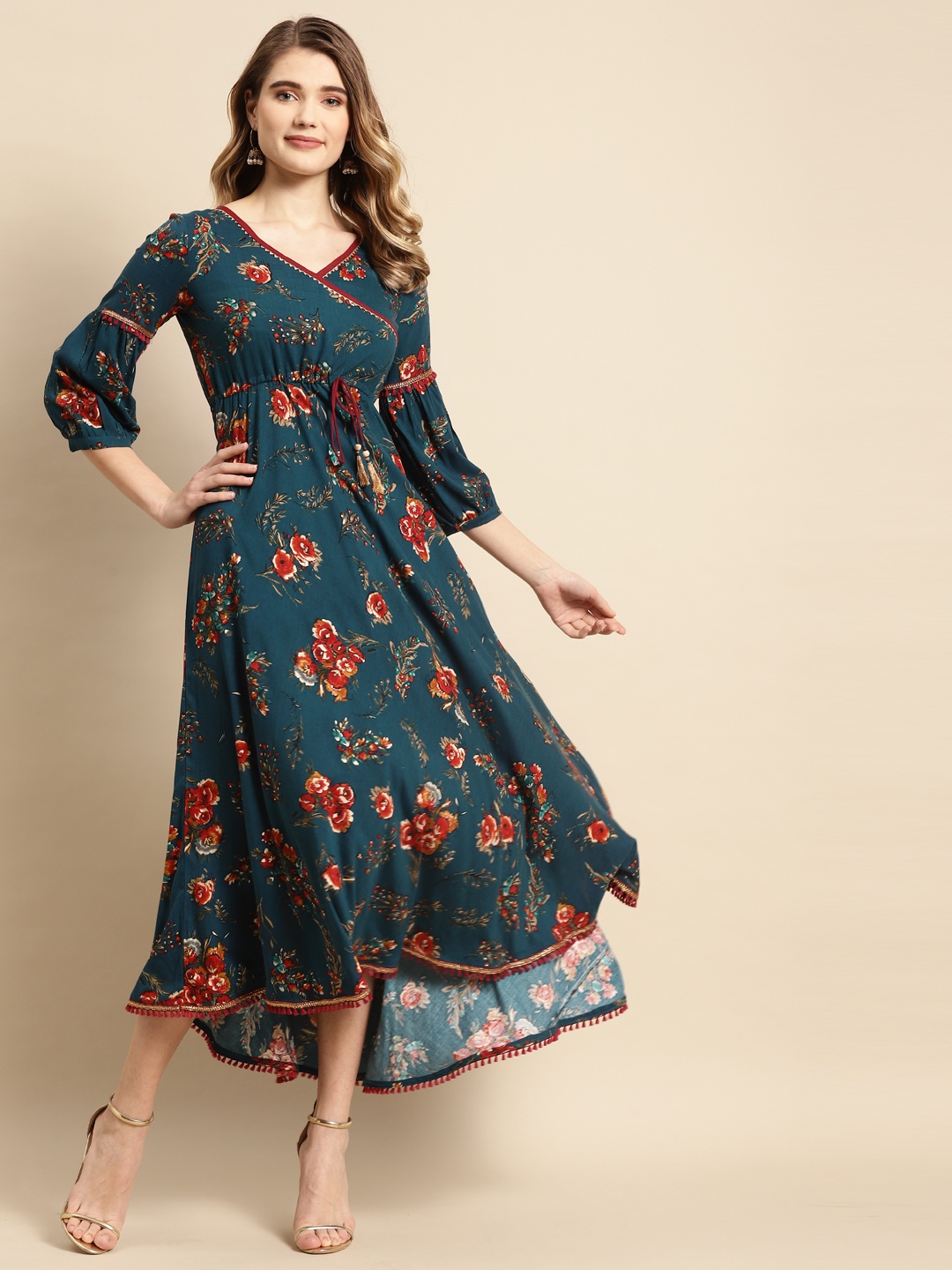 

RANGMAYEE Teal & Maroon Floral Printed Ethnic A-Line Midi Dress