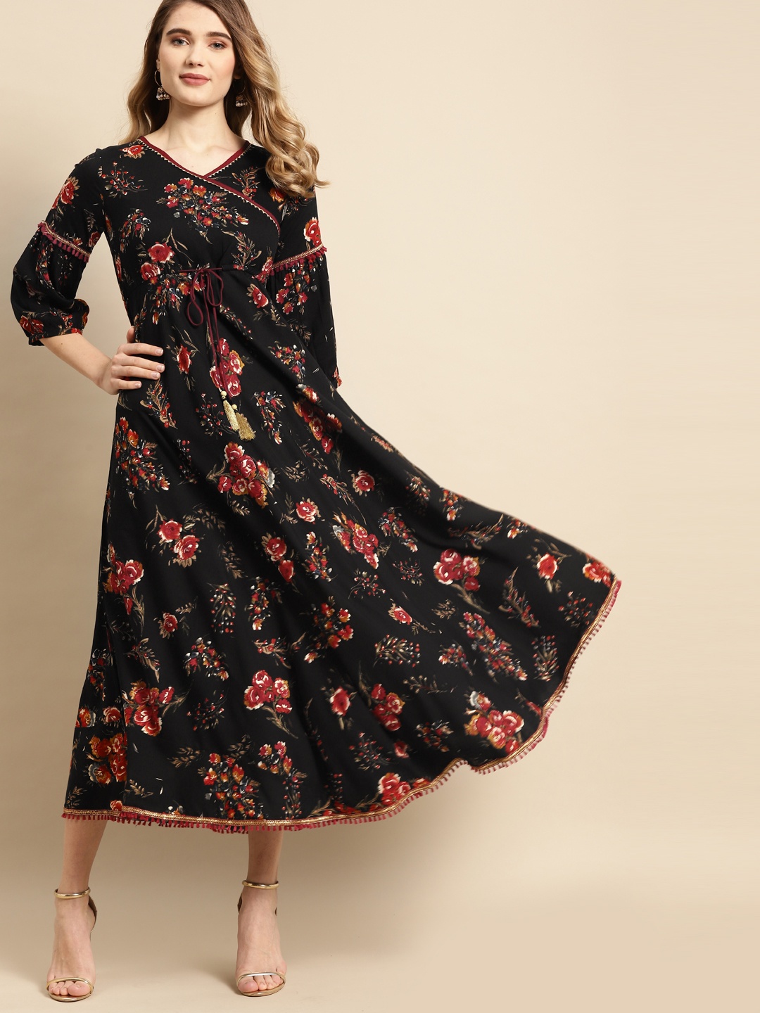 

RANGMAYEE Black & Red Floral Liva A-Line Midi Dress