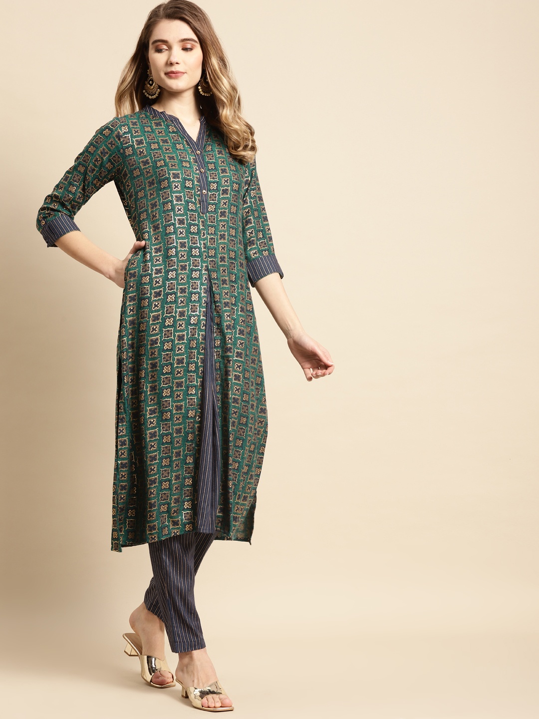 

RANGMAYEE Women Navy Blue Ethnic Motifs Printed Liva Kurta with Trousers