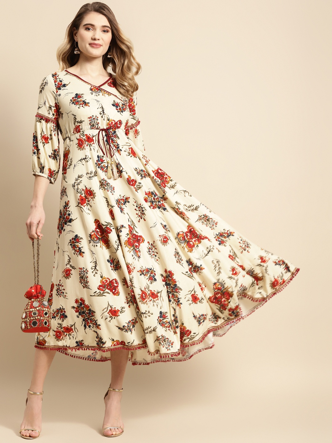 

RANGMAYEE Off White & Red Floral A-Line Midi Dress