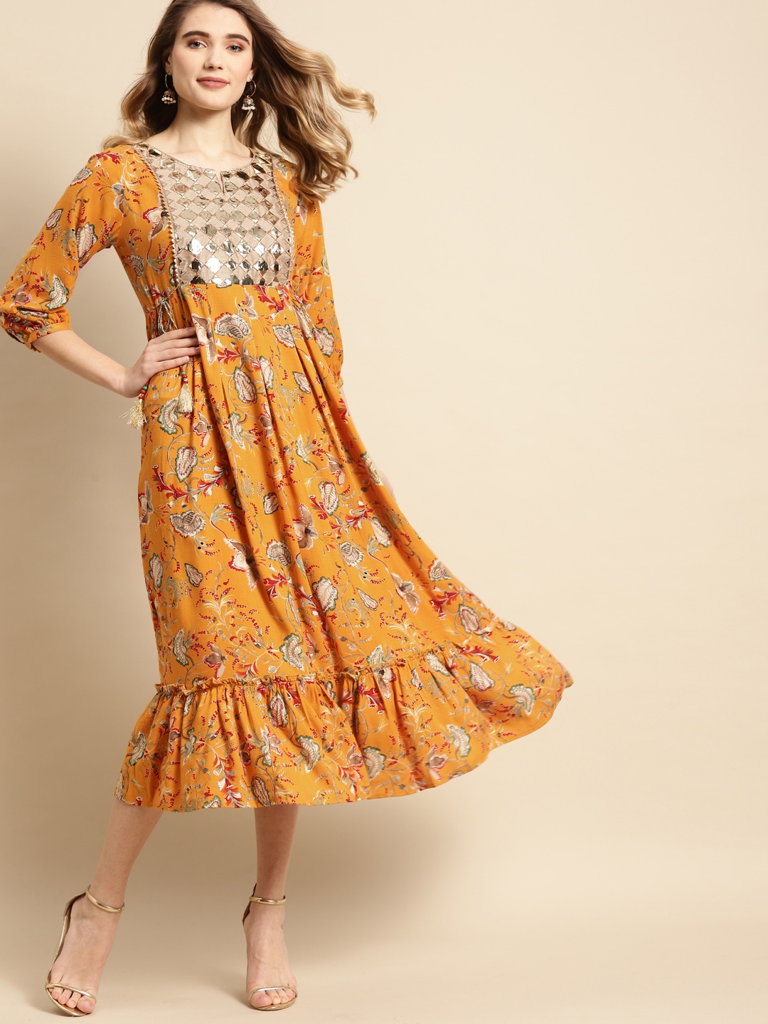 

RANGMAYEE Mustard Yellow & Red Ethnic Motifs A-Line Midi Dress