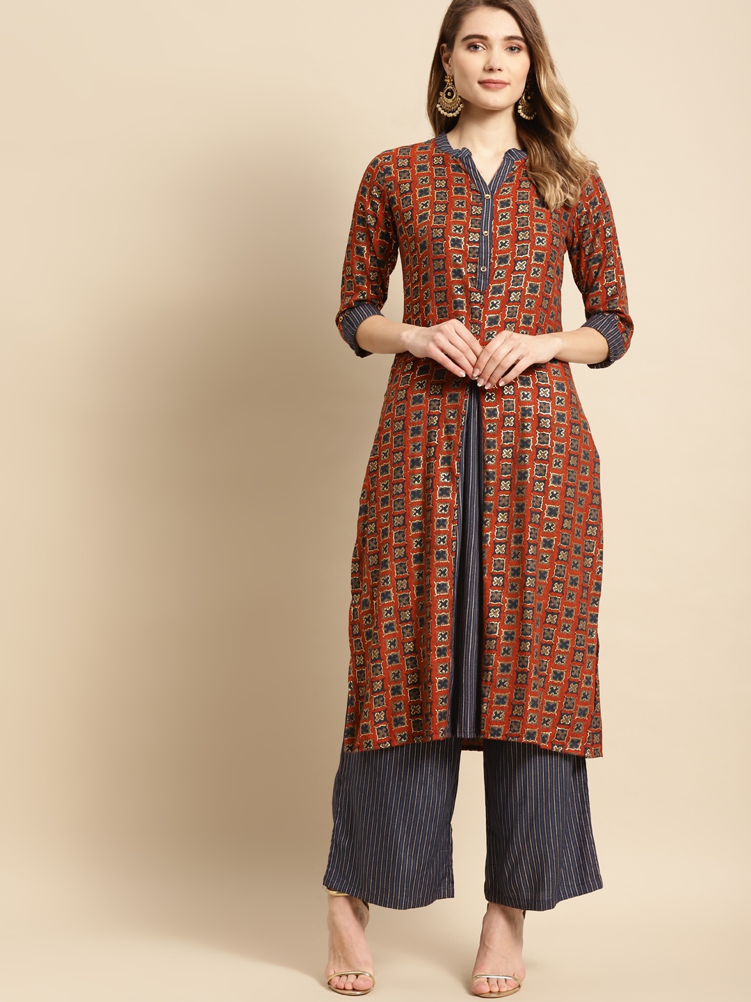 

RANGMAYEE Women Rust Ethnic Motifs Printed Liva Kurta with Palazzos