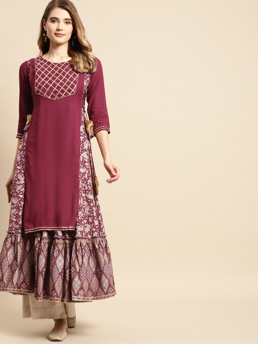 

RANGMAYEE Women Purple & White Ethnic Motifs Printed Liva Kurta