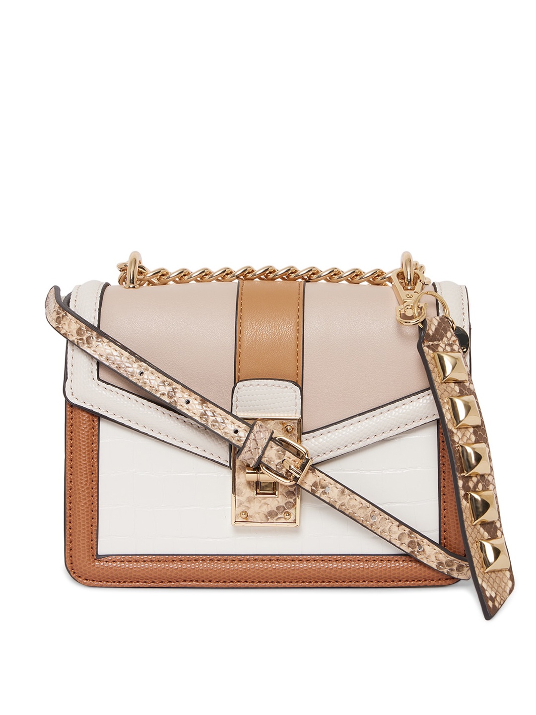 

ALDO Beige Colourblocked PU Structured Satchel with Tasselled