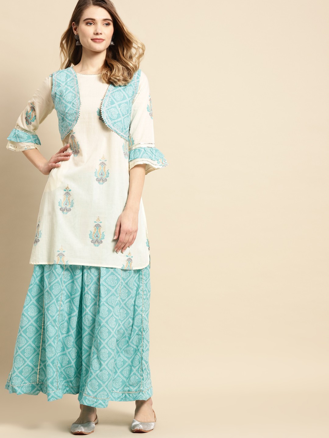 

RANGMAYEE Women Off White Ethnic Motifs Printed Gotta Patti Pure Cotton Kurta with Sharara