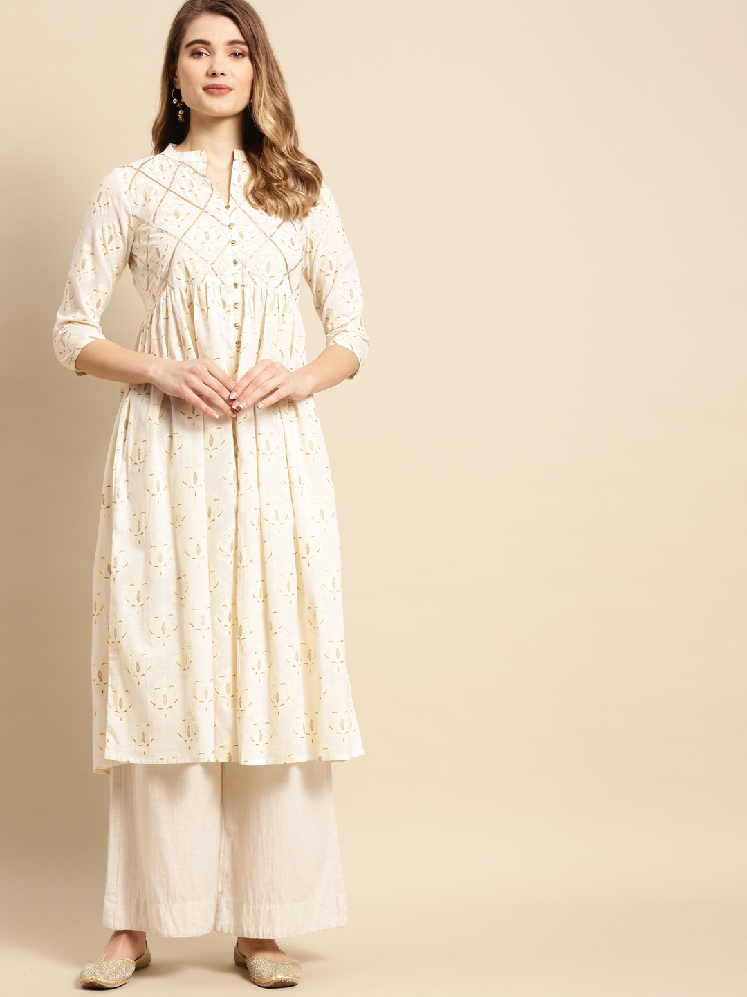 

RANGMAYEE Women Beige & Golden Ethnic Motifs Printed Kurta