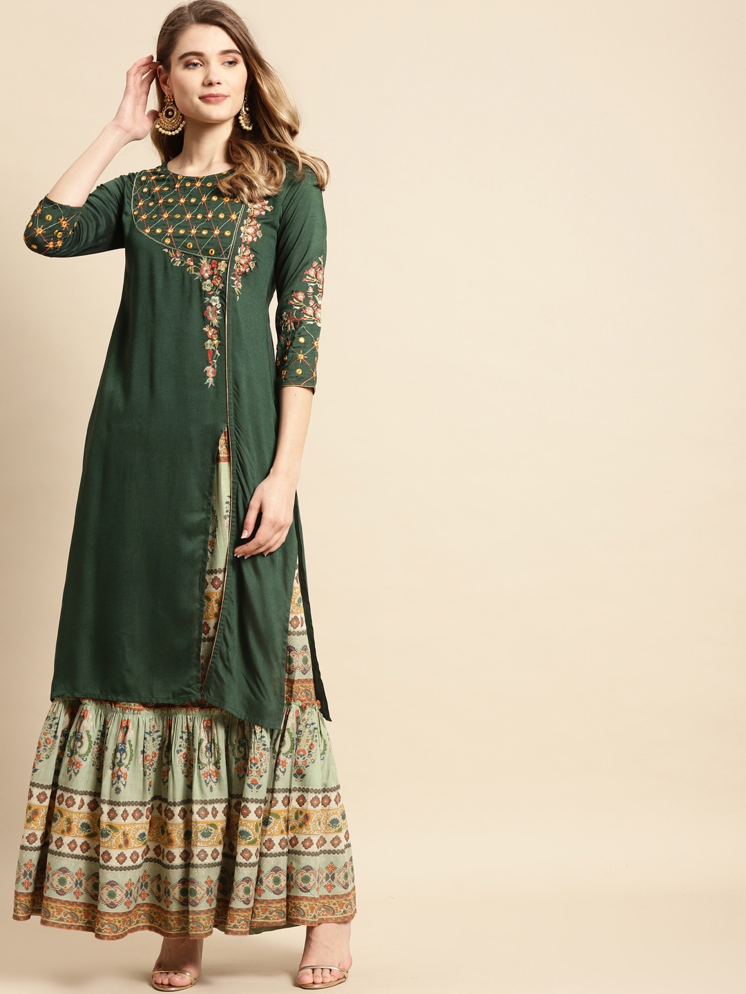 

RANGMAYEE Women Green Ethnic Motifs Embroidered Thread Work Liva Kurta with Skirt