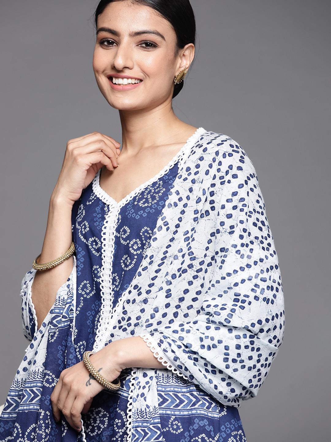 

Libas Women Blue Bandhani Printed Panelled Pure Cotton Kurta with Palazzos & With Dupatta