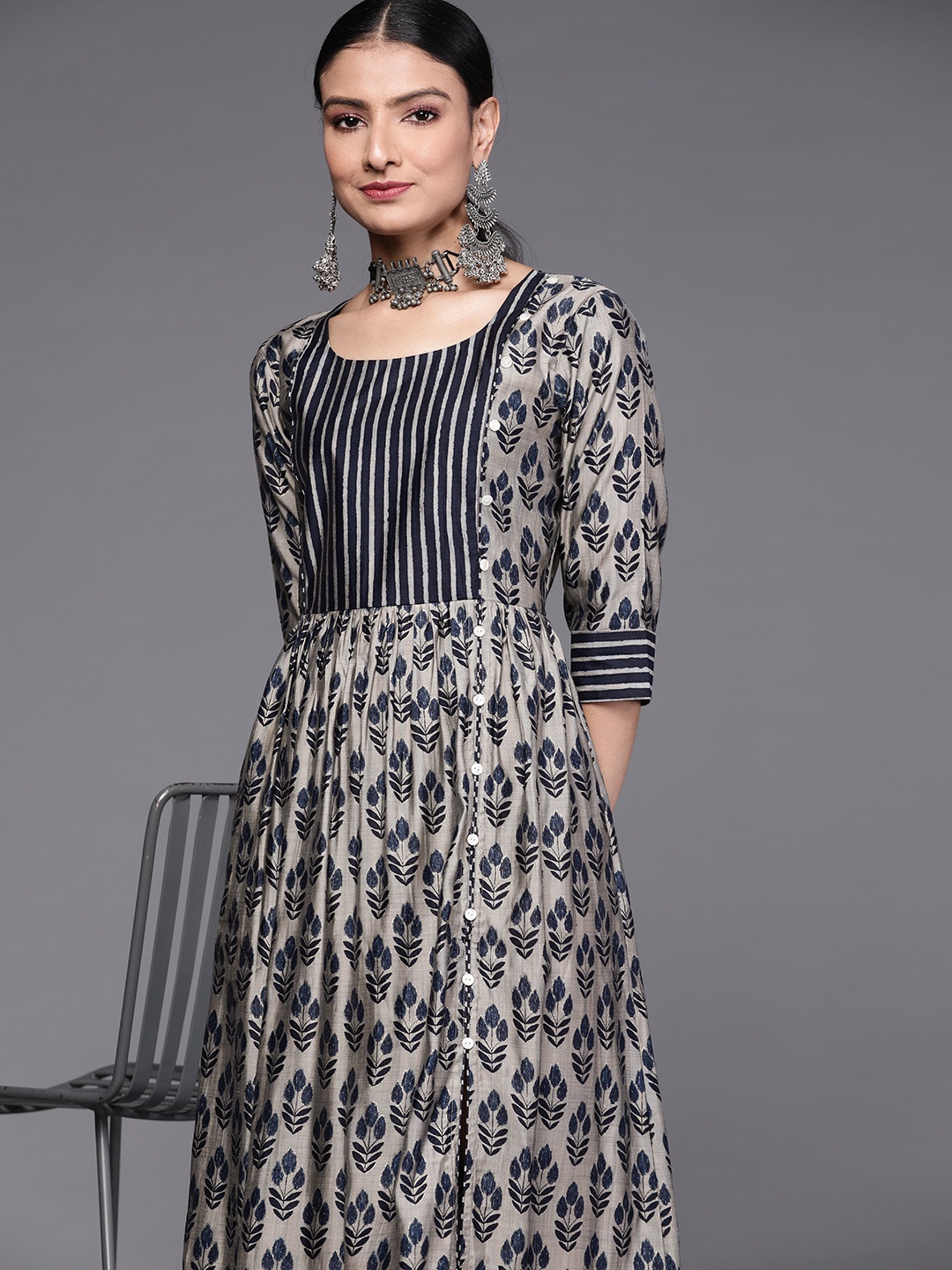 

Libas Taupe & Navy Blue Floral Print Chanderi Silk Maxi Dress