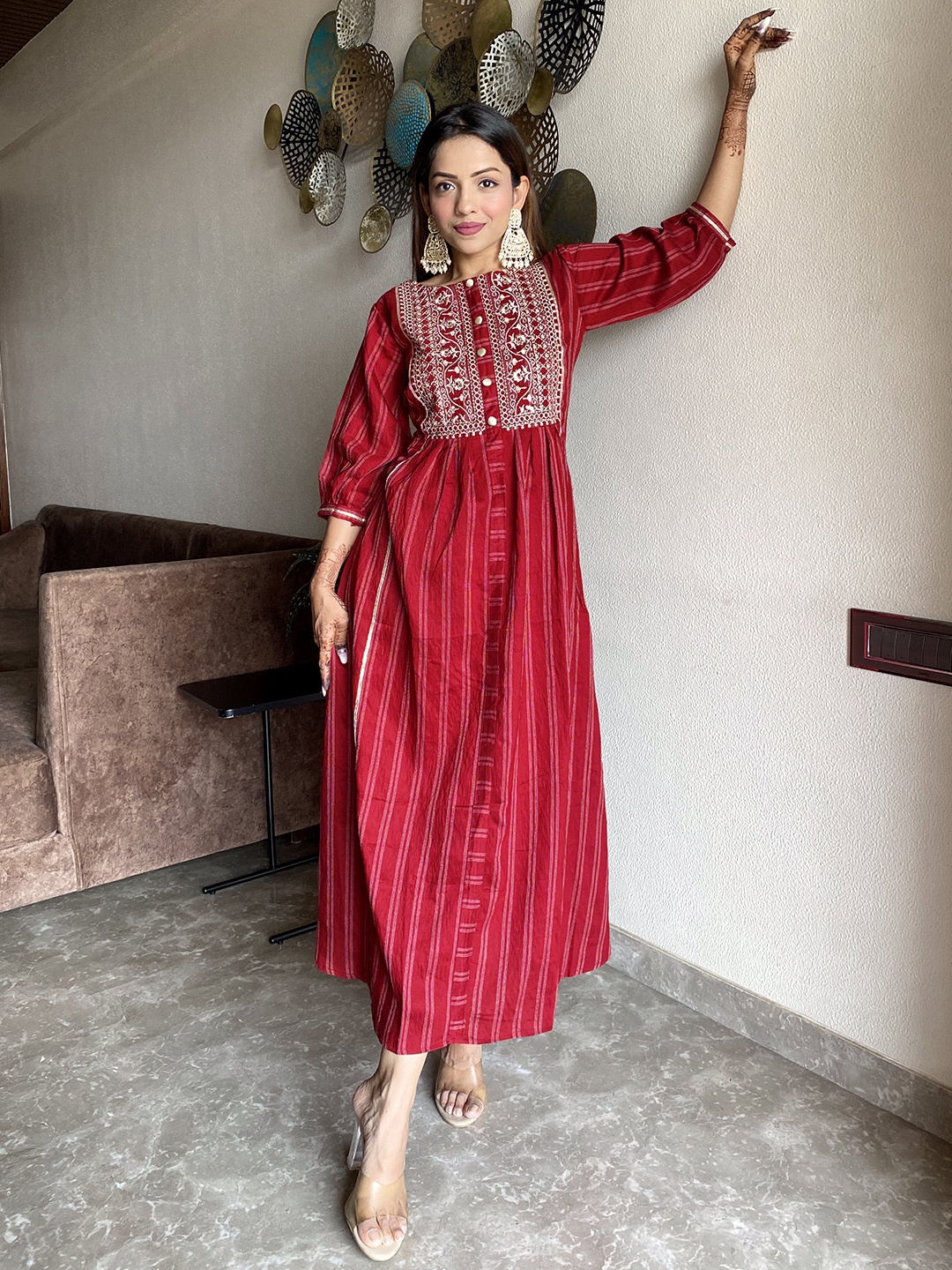 

Libas Maroon & White Striped Yoke Embroidered Cotton A-Line Midi Dress