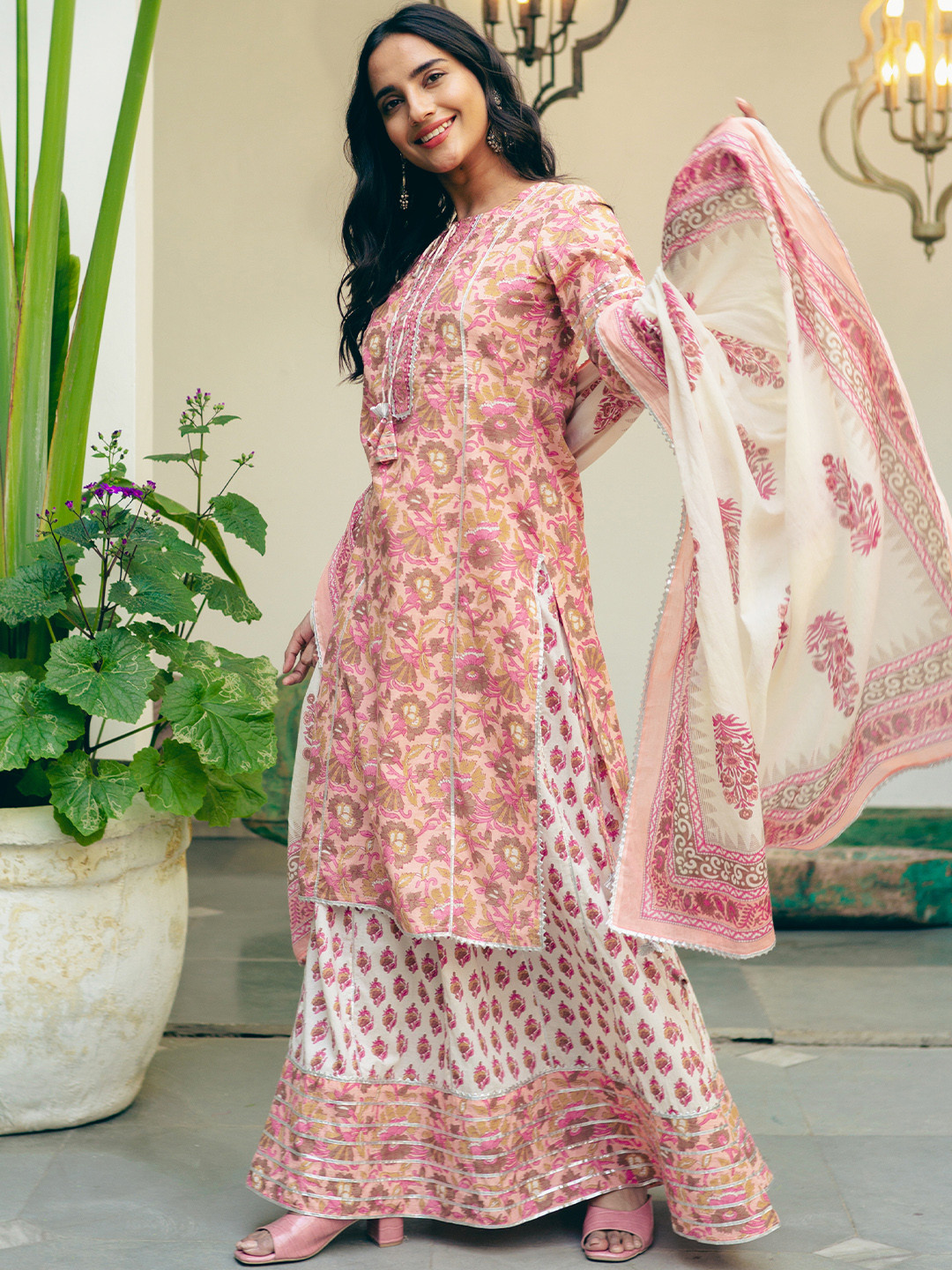

Libas Women Floral Motifs Printed Gotta Patti Pure Cotton Kurta with Skirt & Dupatta, Pink