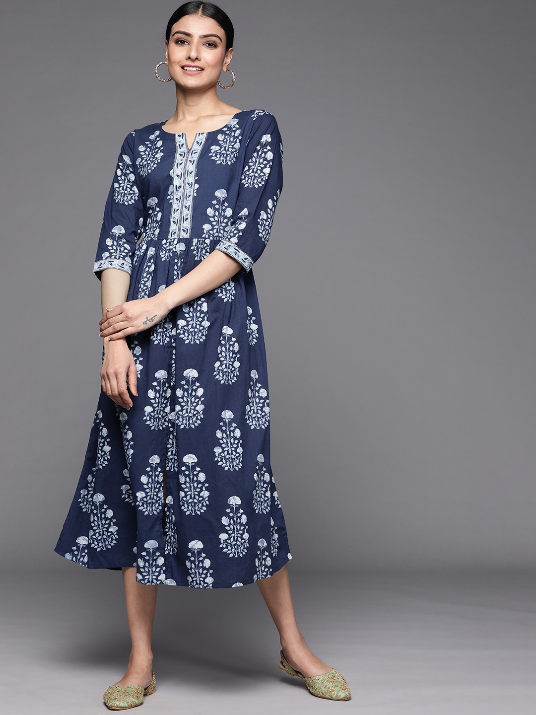 

Libas Women Navy Blue & White Floral Printed A-Line Midi Dress