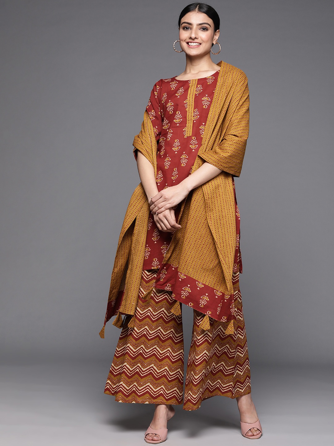 

Libas Women Rust & Mustard Yellow Pure Cotton Floral Printed Kurti Set & Dupatta