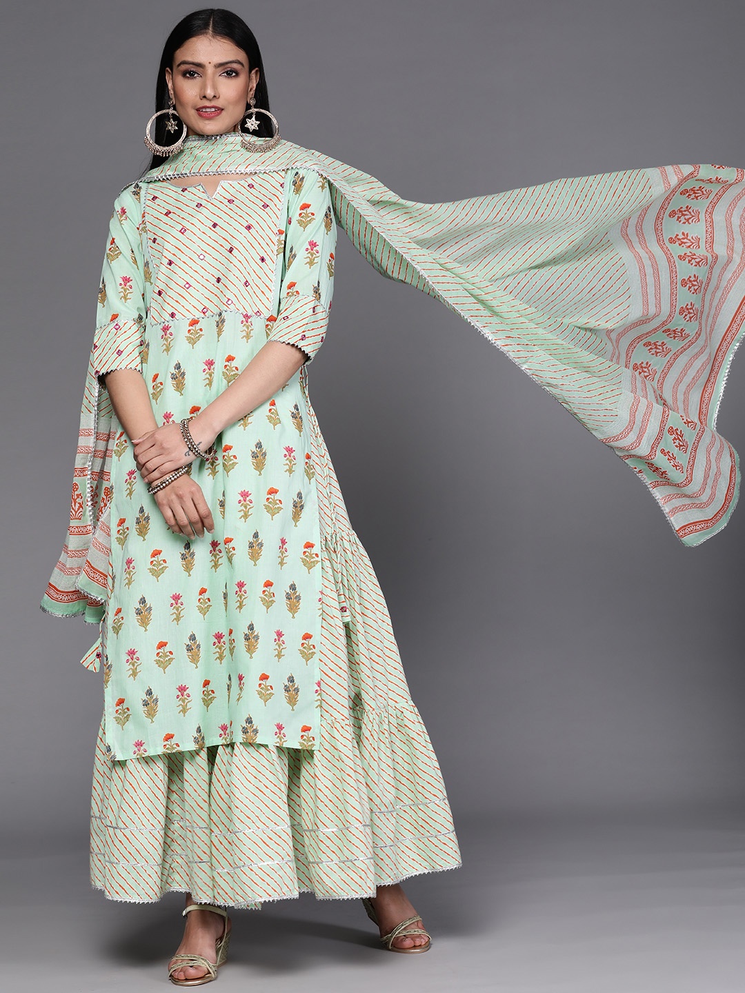 

Libas Women Floral Printed Pure Cotton Kurta with Skirt & Dupatta, Sea green