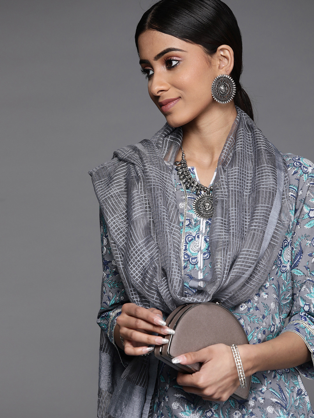 

Libas Women Grey Floral Printed Pure Cotton Kurta with Palazzos & With Dupatta