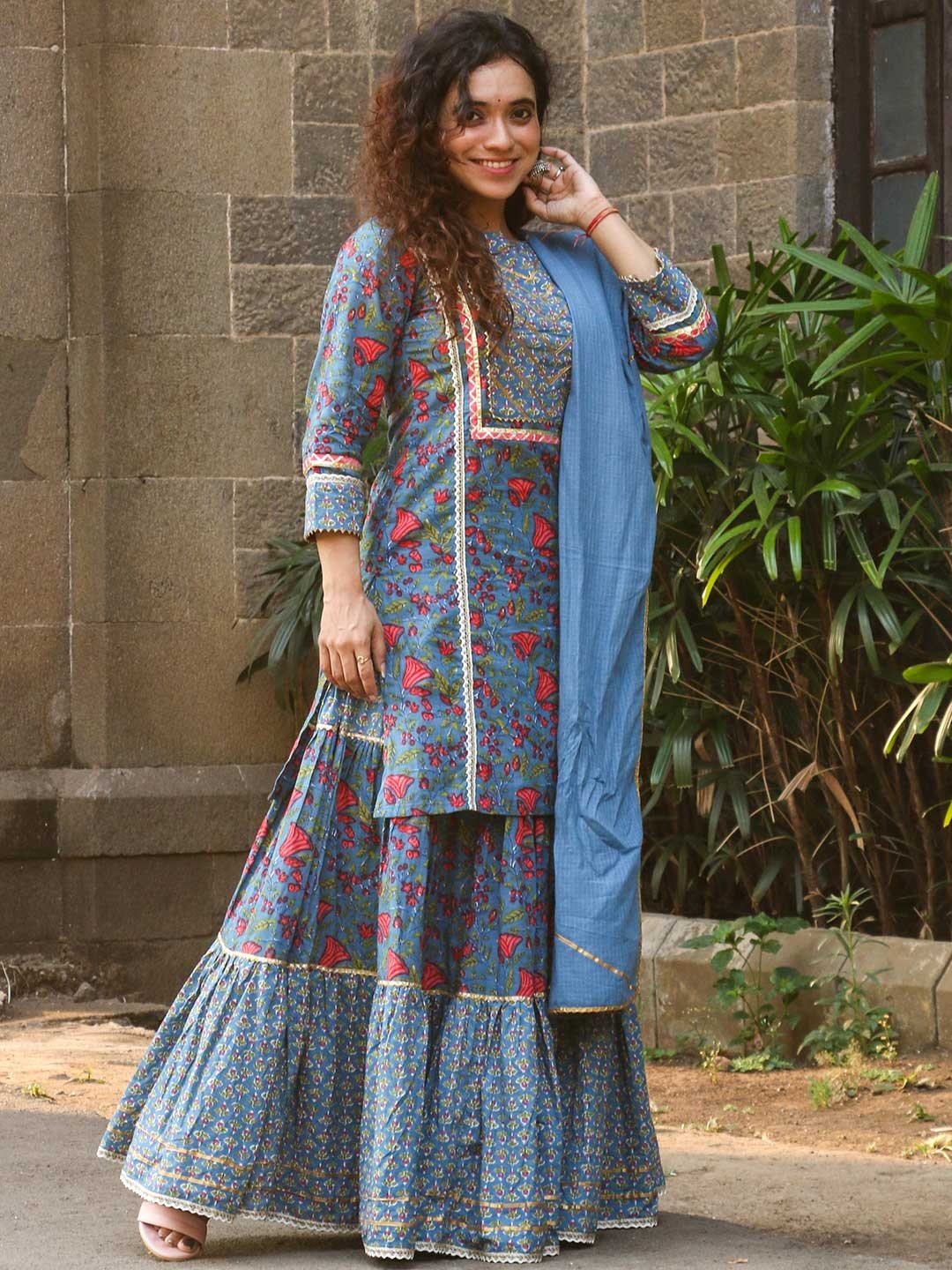 

Libas Women Blue Floral Printed Panelled Pure Cotton Kurta with Skirt & With Dupatta