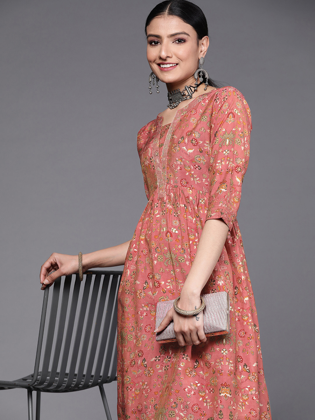 

Libas Rust Pink & Olive Green Ethnic Print A-Line Midi Dress