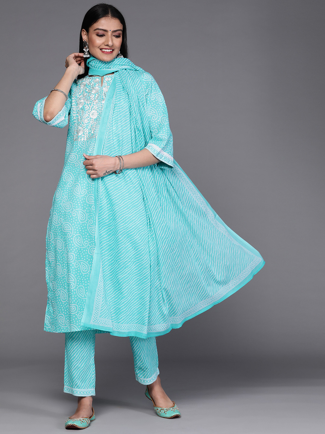 

Libas Women Blue Paisley Printed Pure Cotton Kurta with Trousers & With Dupatta