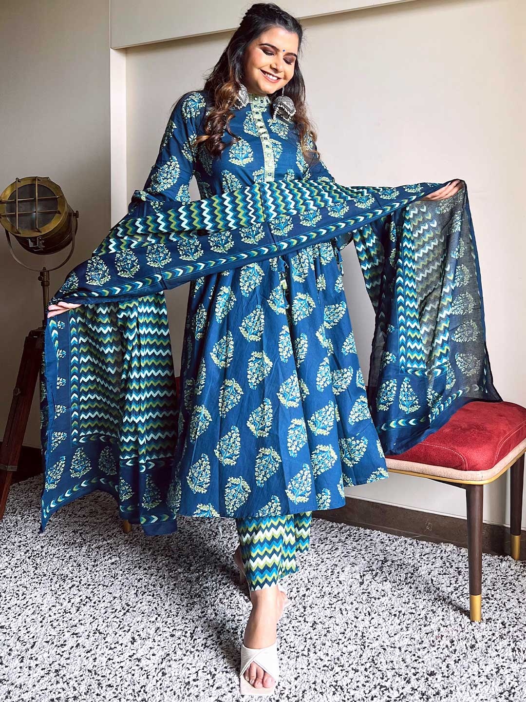 

Libas Women Blue Paisley Printed Panelled Pure Cotton Kurta with Palazzos & With Dupatta