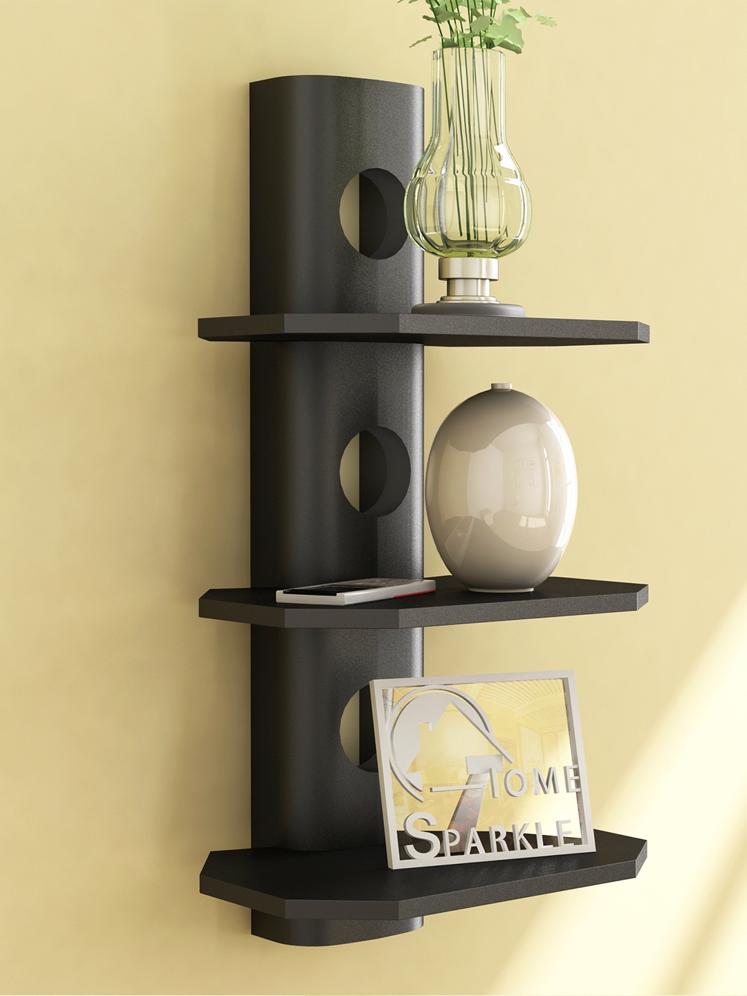 

Home Sparkle Black Mango Wood 3 Tier Wall Shelf