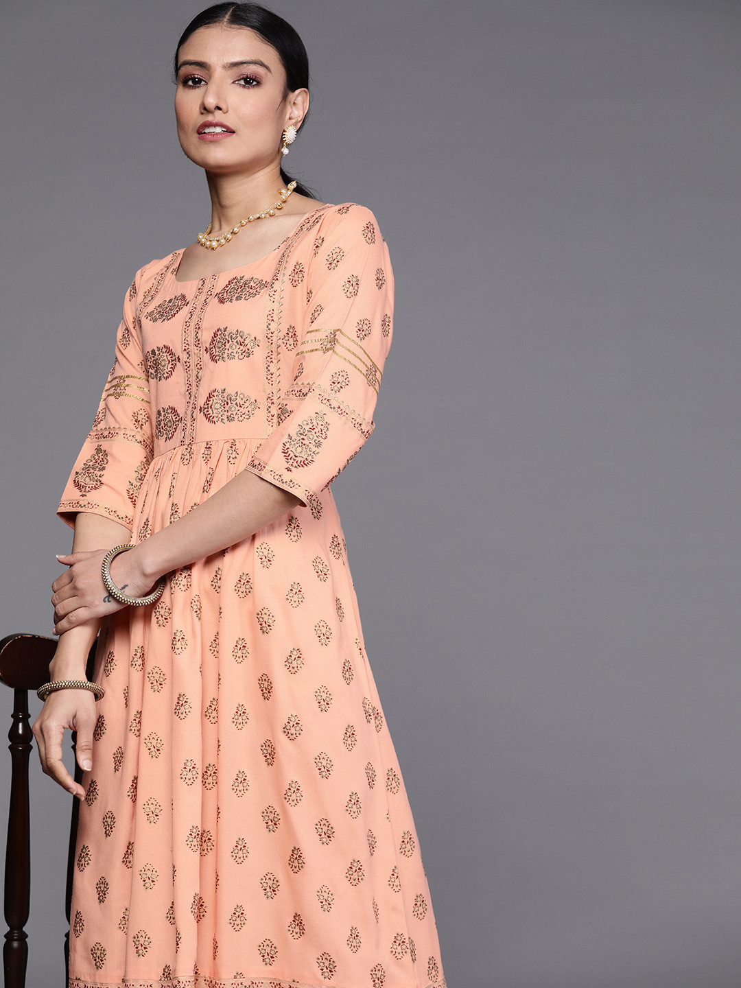 

Libas Peach-Coloured & Maroon Ethnic Print Maxi Dress