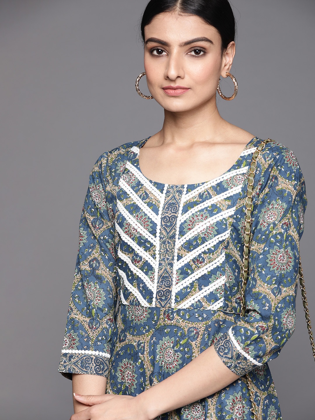 

Libas Women Blue & Beige Ethnic Motifs Printed A-Line Maxi Dress With Lace Detail