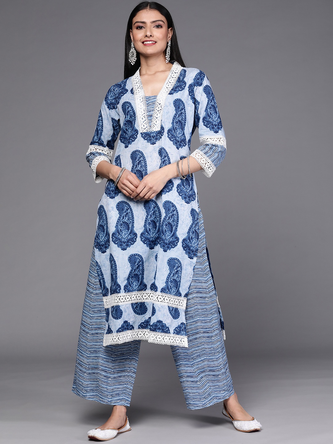 

Libas Women Blue Paisley Printed Pure Cotton Kurta with Palazzos