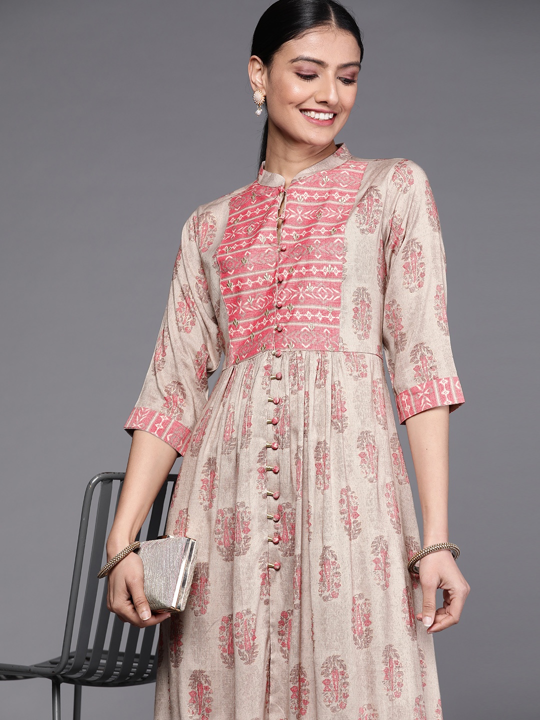 

Libas Taupe & Pink Ethnic Printed A-Line Midi Dress