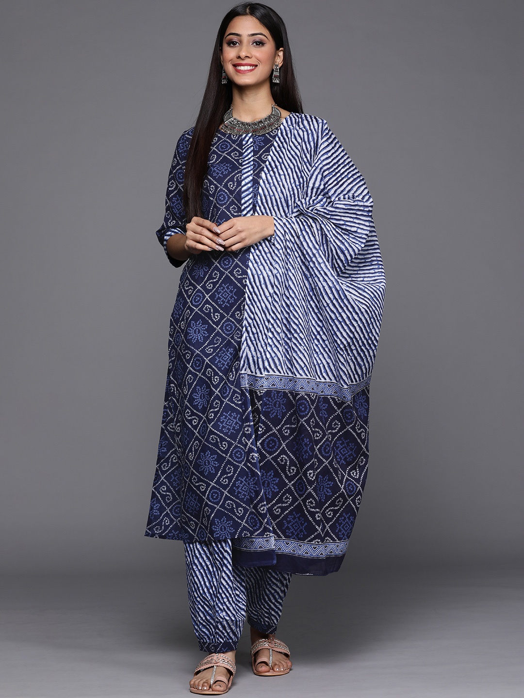 

Libas Women Navy Blue Bandhani Printed Pure Cotton Kurta with Salwar & With Dupatta